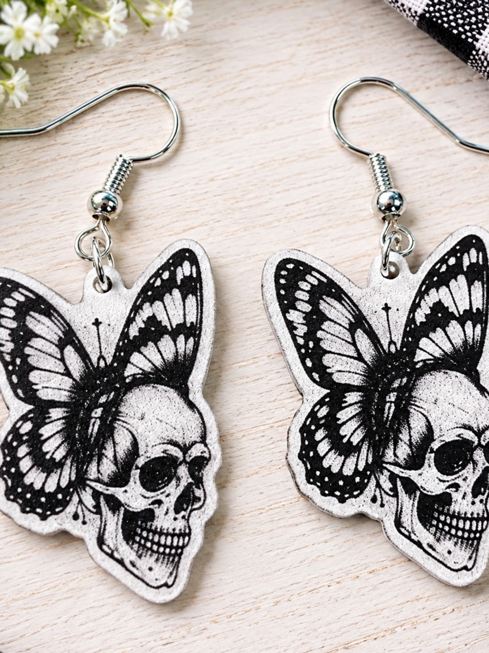 Black and White Skull Butterfly Dangle Earrings - Women Accessories